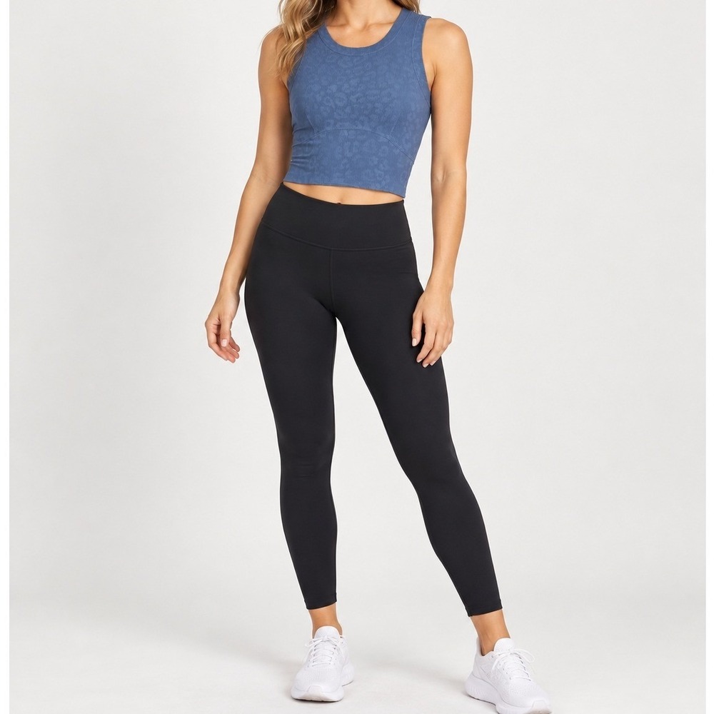 Womens Ribbed Crop Workout Tank Top S Blue Leopard Print Sleeveless Yoga Pilates
